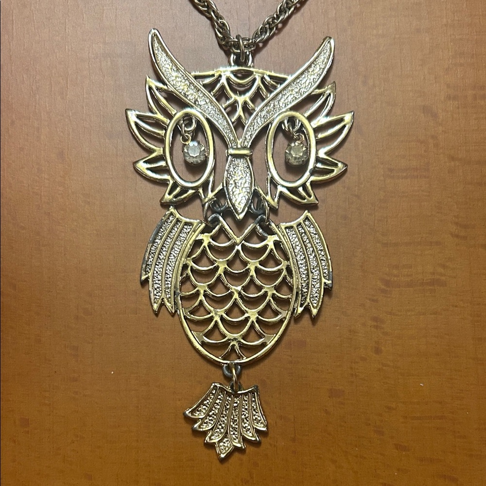 Vintage Gold Tone Owl Pendant Necklace -3 Piece with Rope Chain